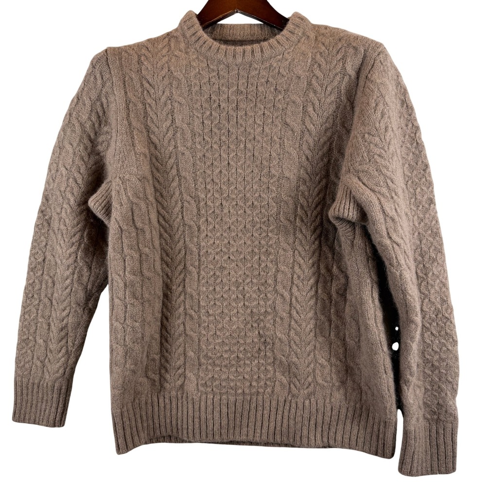 Duluth Trading M Taupe 100% Shetland Wool Cable Knit Sweater Fisherman Cozy